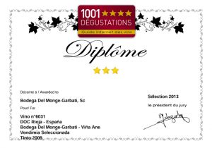 Diploma en la Guide Internet du Vins “1001 Dégustations” 2013. Viña Ane Selección 2009