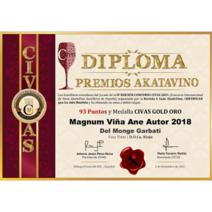 Premio CIVAS 2021 - Medalla de ORO Viña Ane Autor MAGNUM 2018